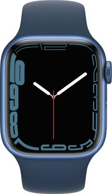 Refurbished Apple Watch serie 7 45mm. Blauw aluminium. Blauwe sportband. Goed zichtbare gebruikssporen.