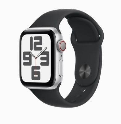 Refurbished Apple Watch serie SE2 40mm. Zilver. Zwarte sportband. Lichte gebruikssporen.