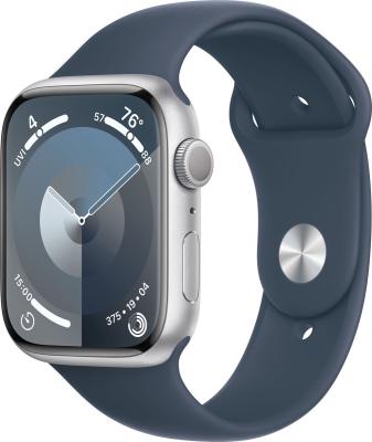 Refurbished Apple Watch serie 9 45mm Silver (Wit) aluminium blauwe sportband. Nieuwstaat