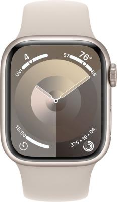 Refurbished Apple Watch serie 9 41mm Starlight. Witte sportband. Lichte Gebruikssporen
