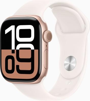 Refurbished Apple Watch serie 10 42mm Rosegoud aluminium Light Blush sportband. Lichte gebruikssporen.