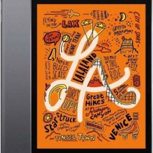 Fiets, iPad, met kleurrijke reis- en avontuurillustraties, promotie van MobileFixit, expert in mobiele reparaties, met een focus op snelheid en betrouwbaarheid.