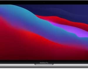 Scherm van een MacBook met kleurrijk abstract achtergrondbeeld, nieuwe technologie en devices passen bij MobileFixit.