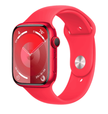 Gezicht van een moderne smartwatch met rode band en digitale klok, perfect voor fitness en slimme technologie.