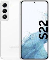 Samsung Galaxy S22 in wit, close-up van het scherm en de achterkant met camera's.