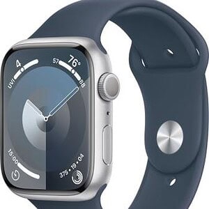 Refurbished Apple Watch serie 9 45mm Silver aluminium met blauwe sportband. Lichte gebruikssporen.