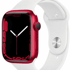 Refurbished Apple Watch serie 8 41mm. Rood aluminium, met witte sportband. Nieuwstaat.