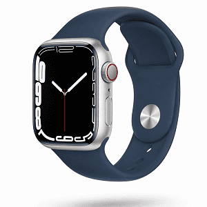 Refurbished Apple Watch serie 6 44mm. Zilver aluminium blauwe sportband. Goed zichtbare Gebruikssporen.